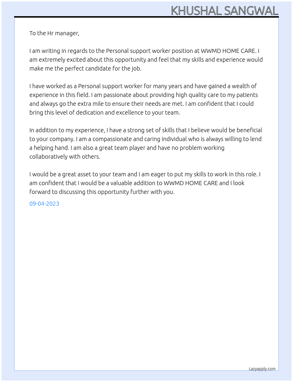 Personal support worker At WWMD HOME CARE Cover Letter