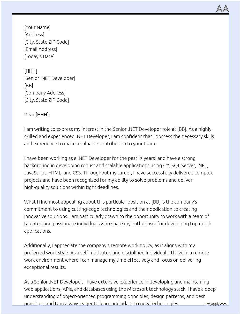 Senior .NET Developer At BB Cover Letter