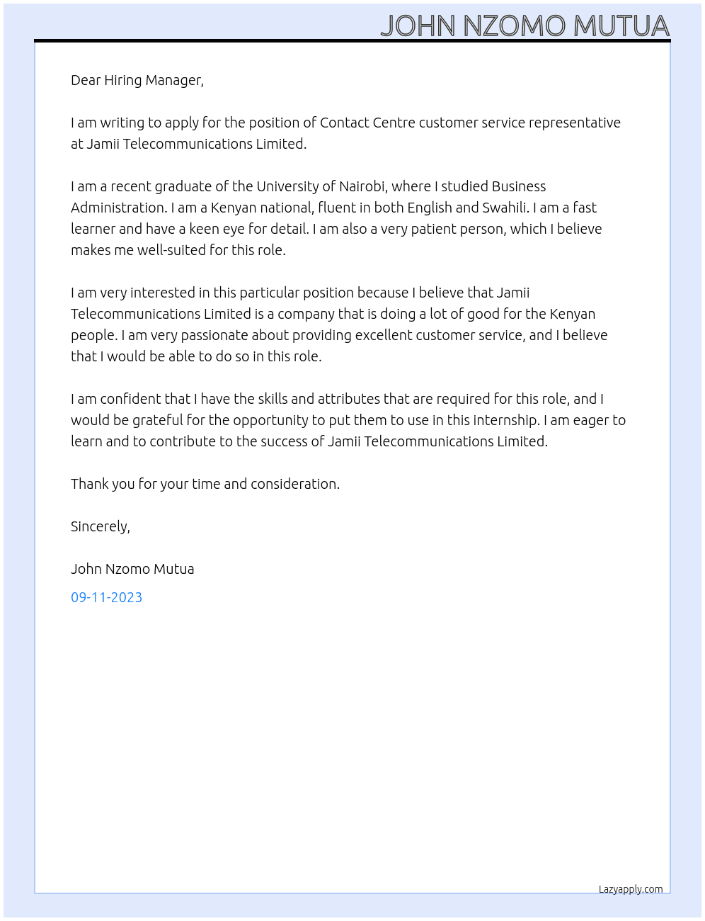 Contact Centre customer service representative  At Jamii Telecommunications Limited Cover Letter