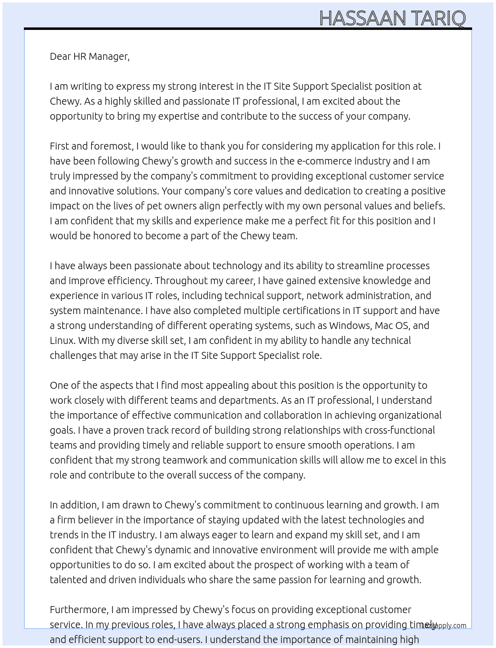 IT Site Support Specialist At Chewy  Cover Letter