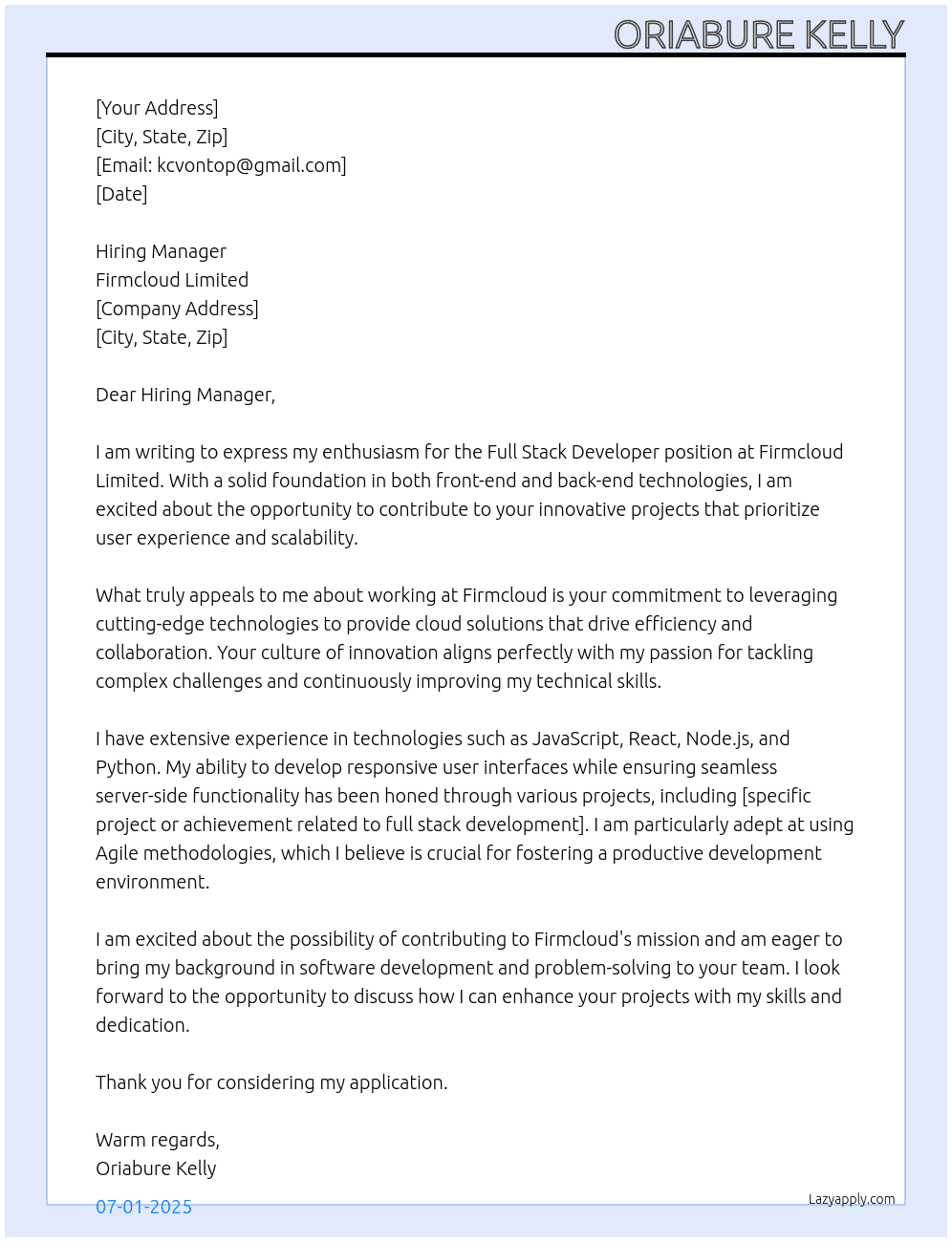 Full Stack Developer At Firmcloud Limited Cover Letter