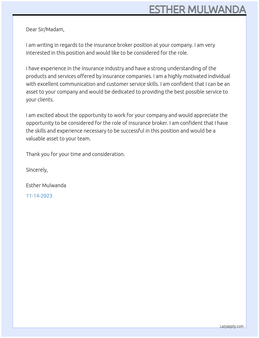insurance broker At compnany Cover Letter
