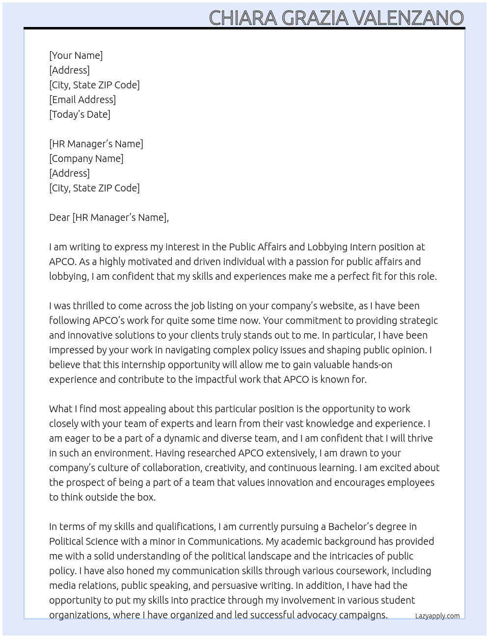 Public Affairs and Lobbying Intern At APCO Cover Letter