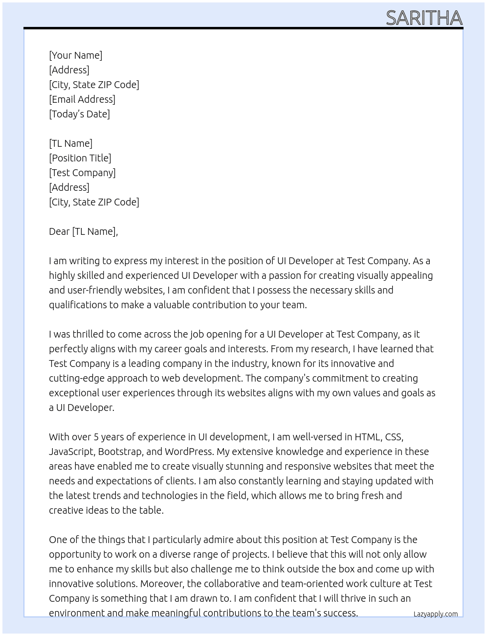 UI developer At test company Cover Letter