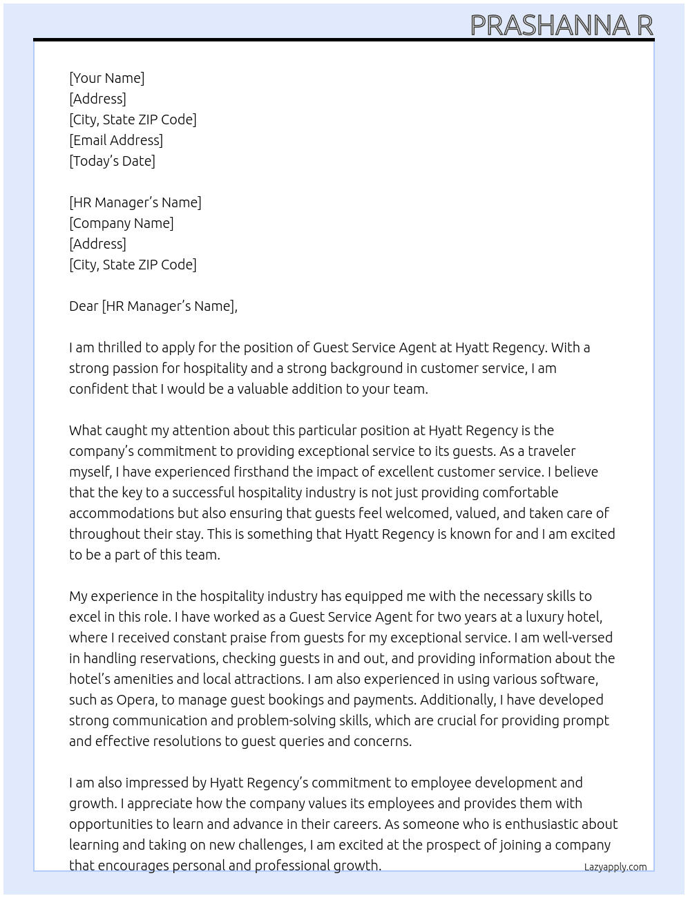 Guest service agent  At Hyaat regency  Cover Letter