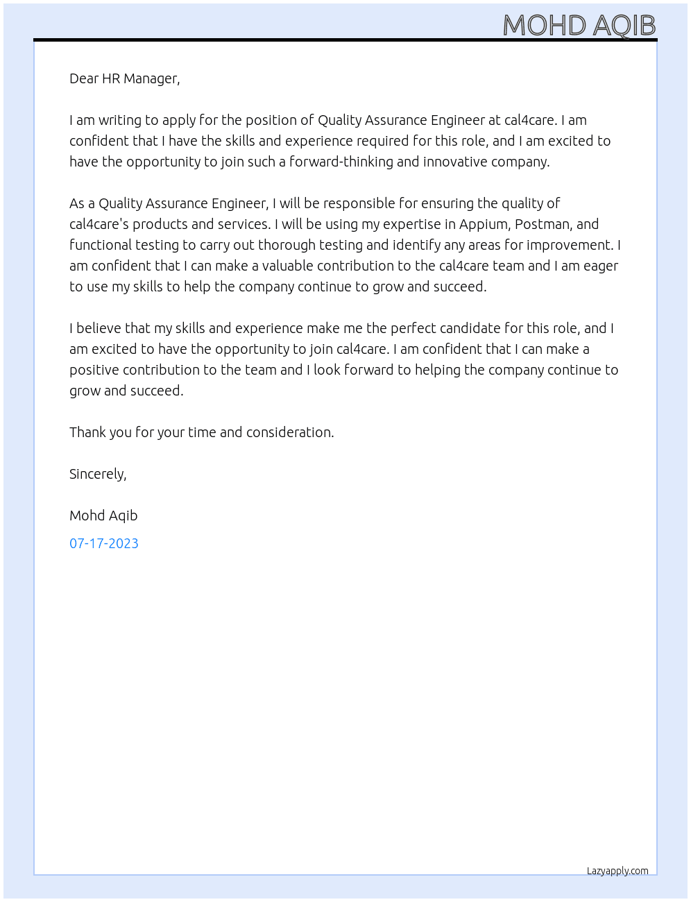 Quality Assurance Engineer At cal4care Cover Letter