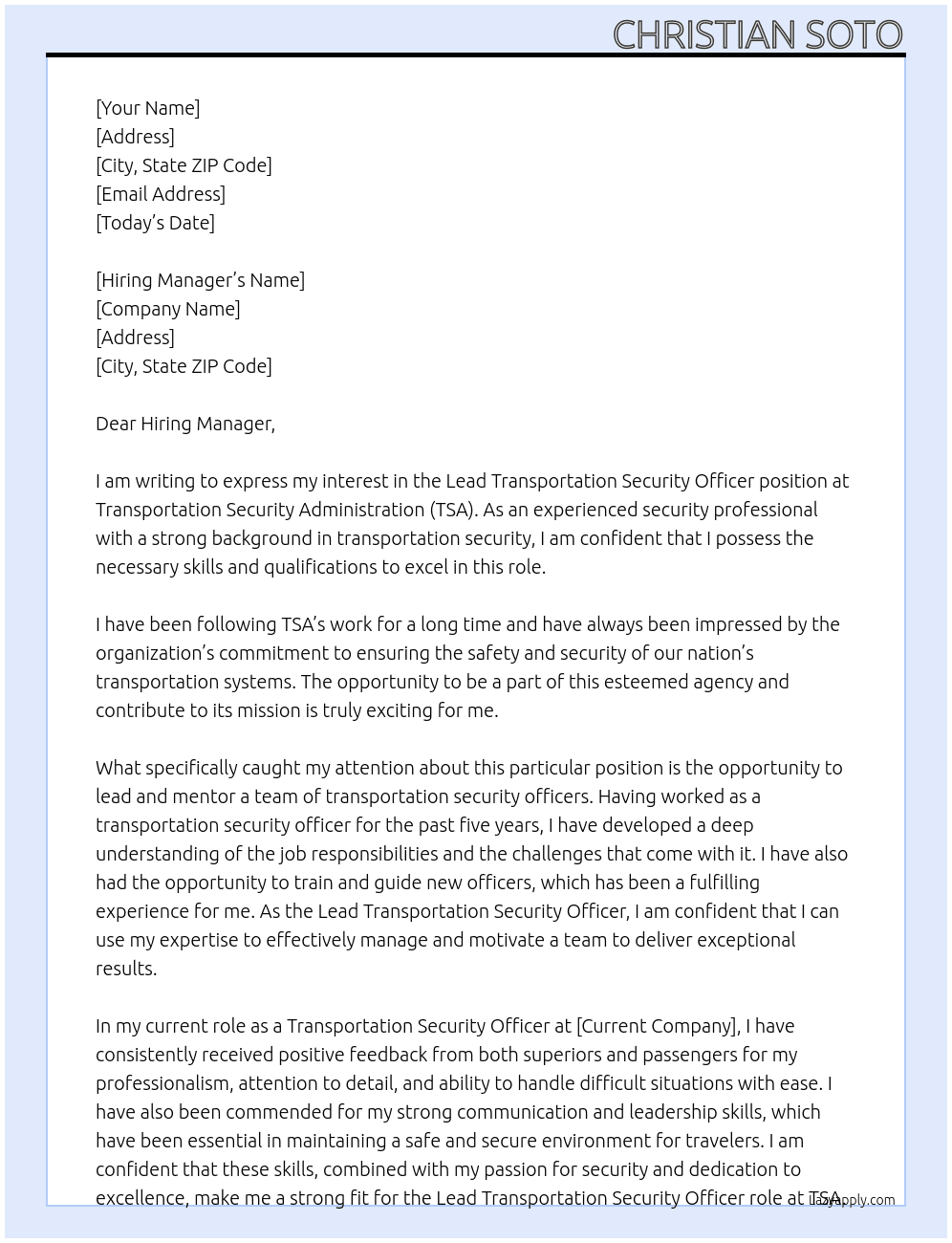 Lead Transportation Security Officer At Transportation Security Administration Cover Letter