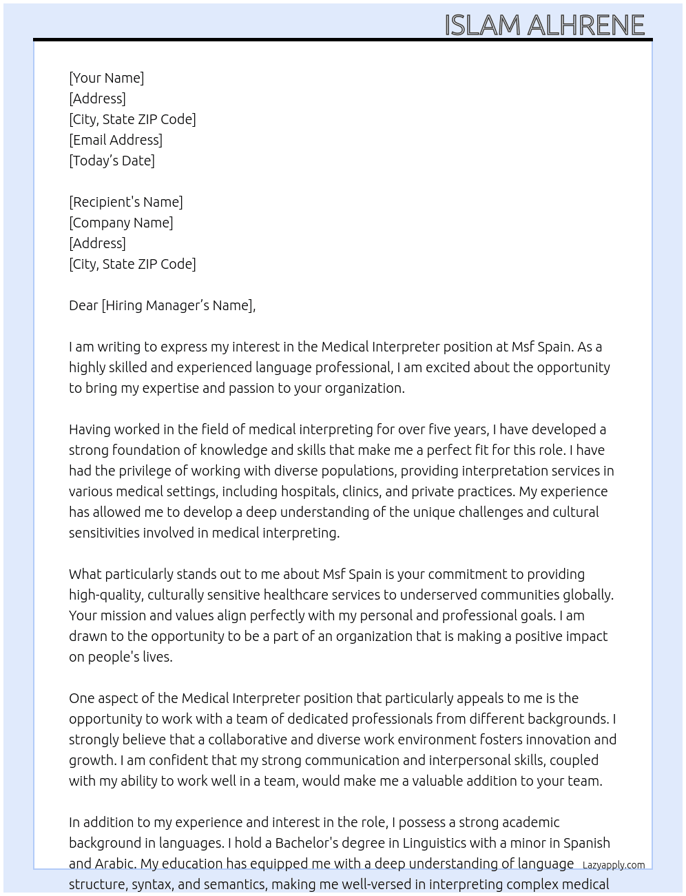 Medical Interpreter  At Msf spain Cover Letter