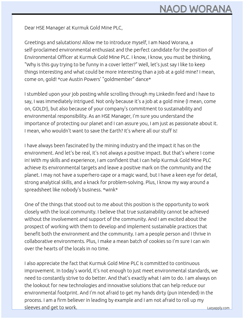 Environmental Officer  At Kurmuk Gold Mine PLC Cover Letter