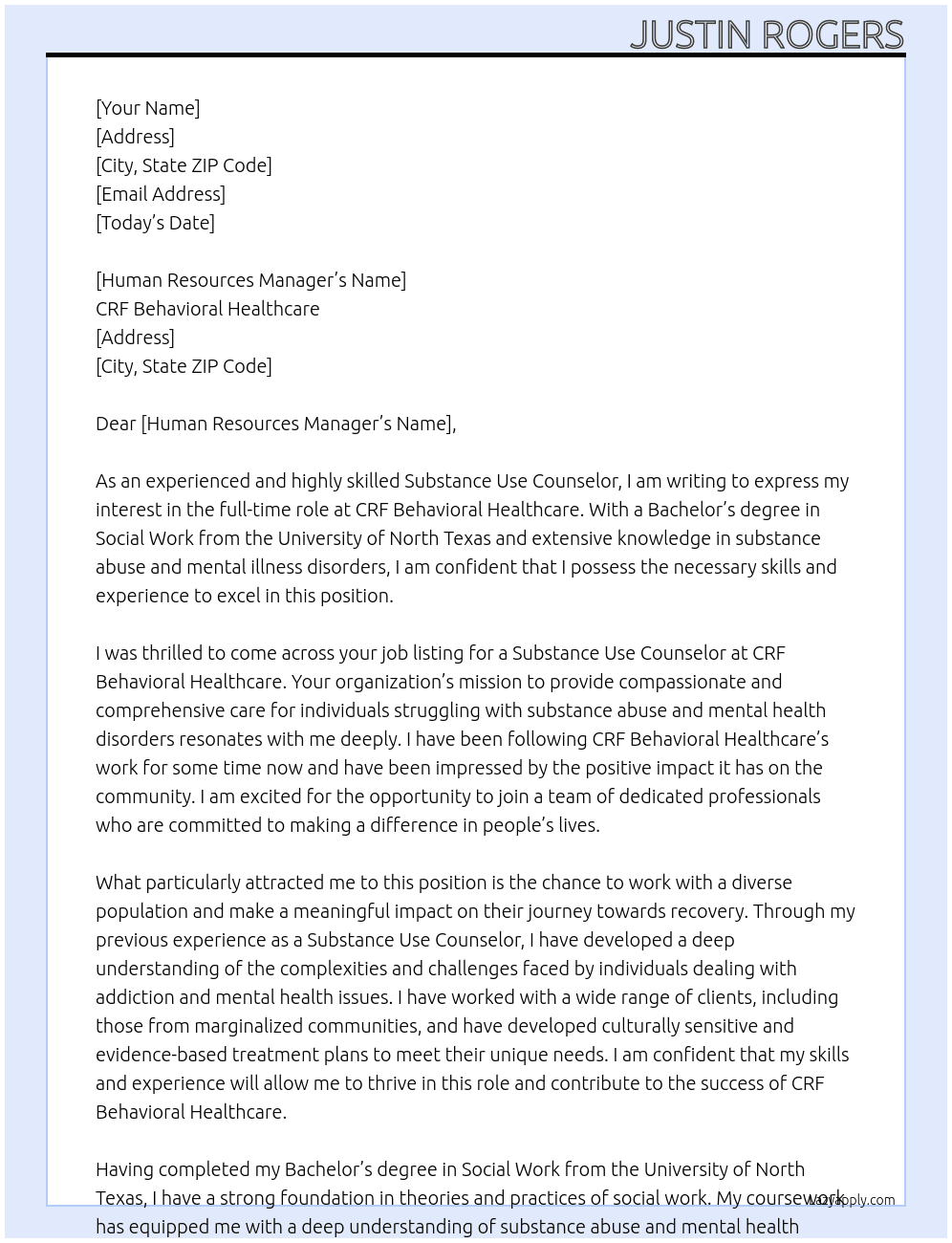 Substance Use Counselor At CRF Behavioral Healthcare Cover Letter