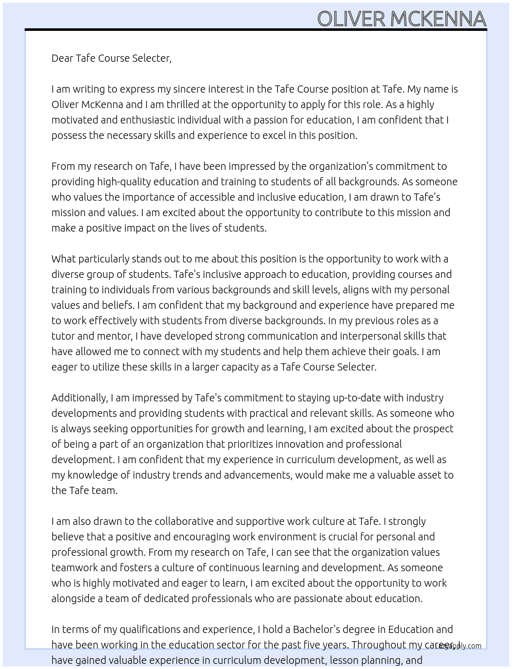 Tafe course At Tafe Cover Letter