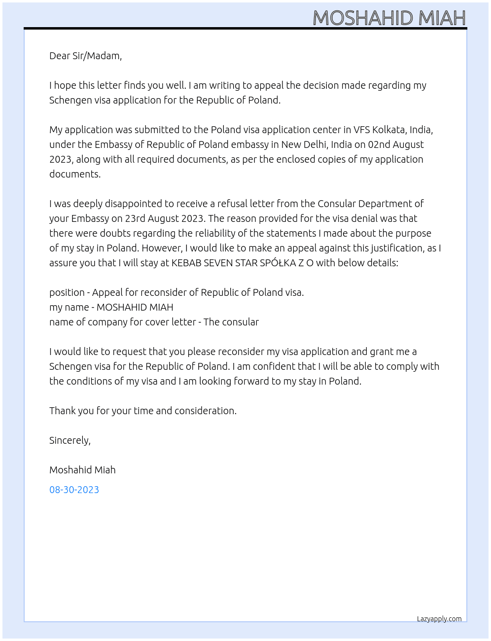 Appeal for reconsider of Republic of Poland visa. At The consular  Cover Letter