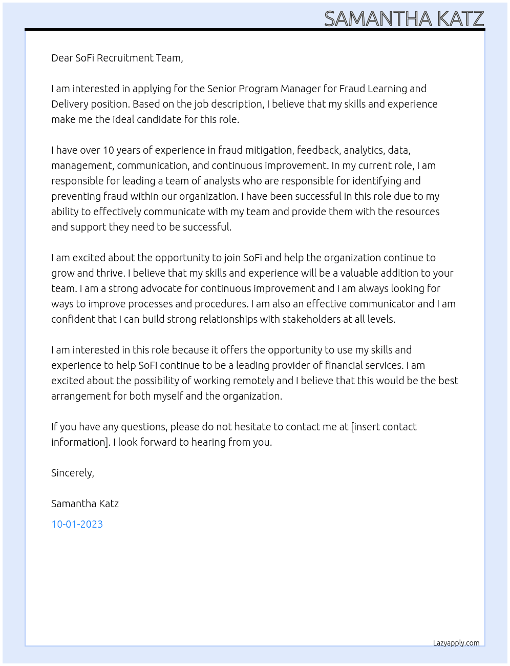 Senior Program Manager for Fraud Learning and Delivery At SoFi Cover Letter