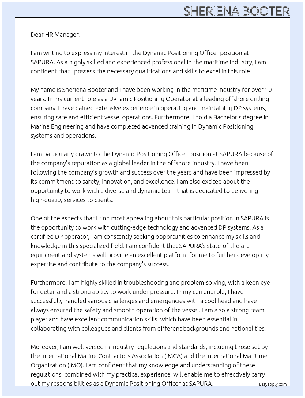 DYNAMIC POSITIONING OFFICER At SAPURA Cover Letter