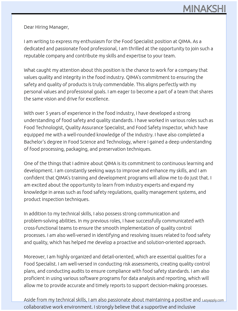 Food Specialist At QIMA Cover Letter