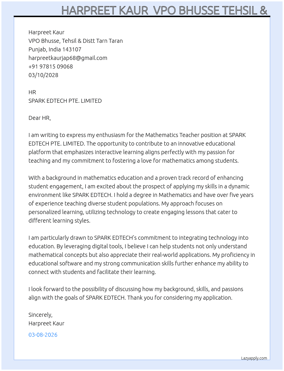 Mathematics Teacher  At SPARK EDTECH PTE .LIMITED  Cover Letter