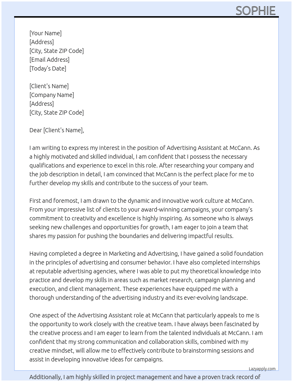 advertising assitabts At mccann Cover Letter