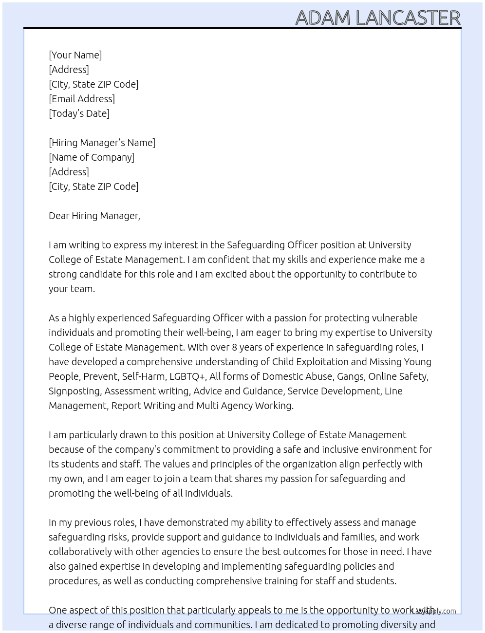 Safeguarding Officer  At University College of Estate Management Cover Letter