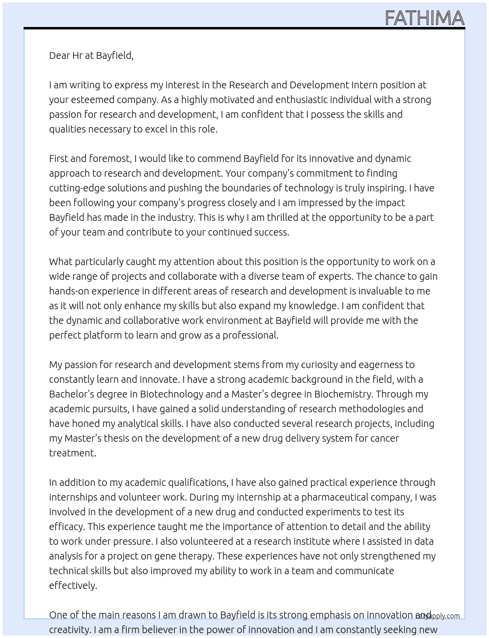 Research and development intern  At Bayfield  Cover Letter