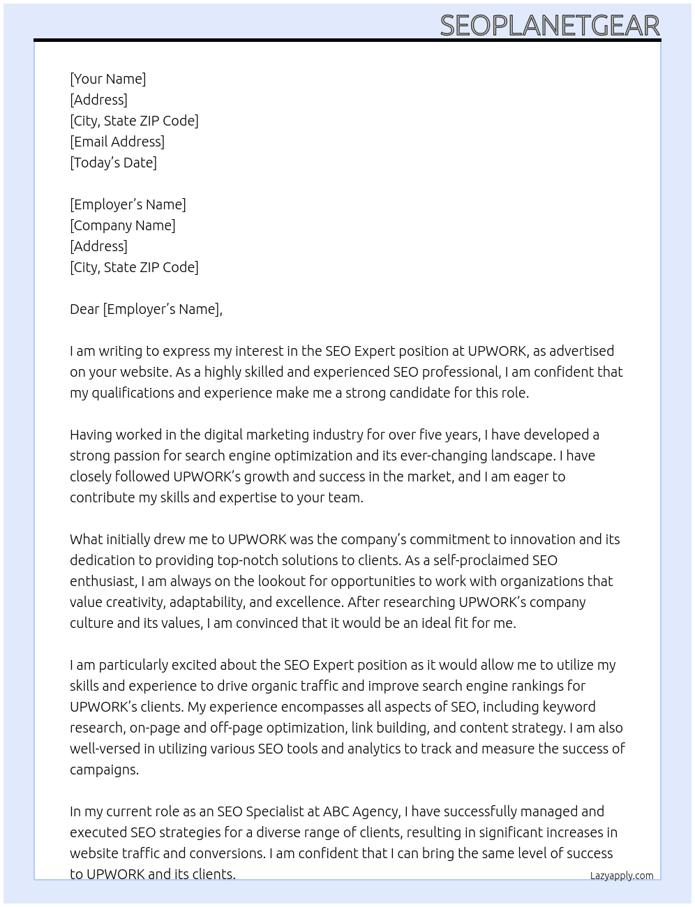 seo expert  At UPWORK Cover Letter