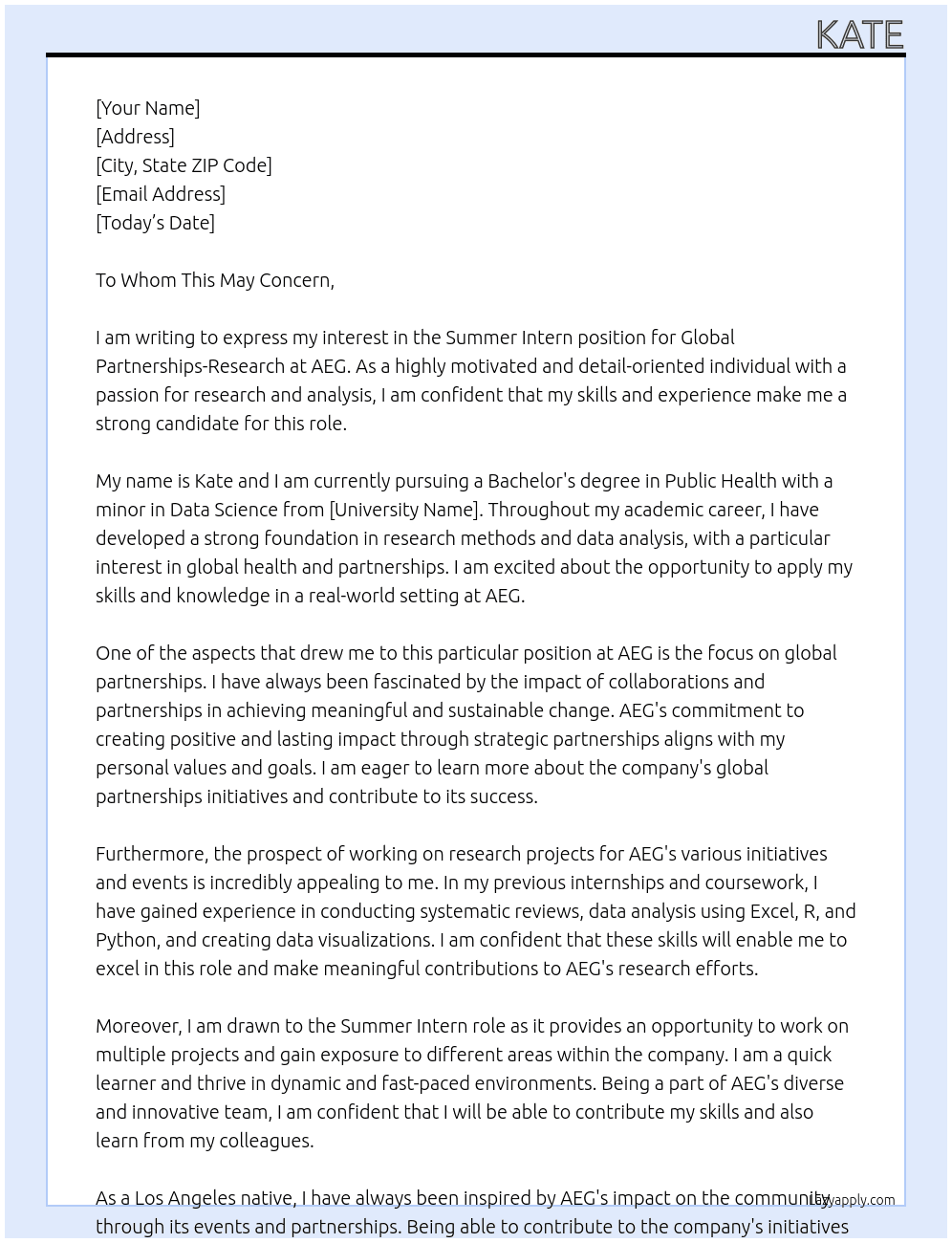 Summer Intern, Global Partnerships - Research At AEG Cover Letter