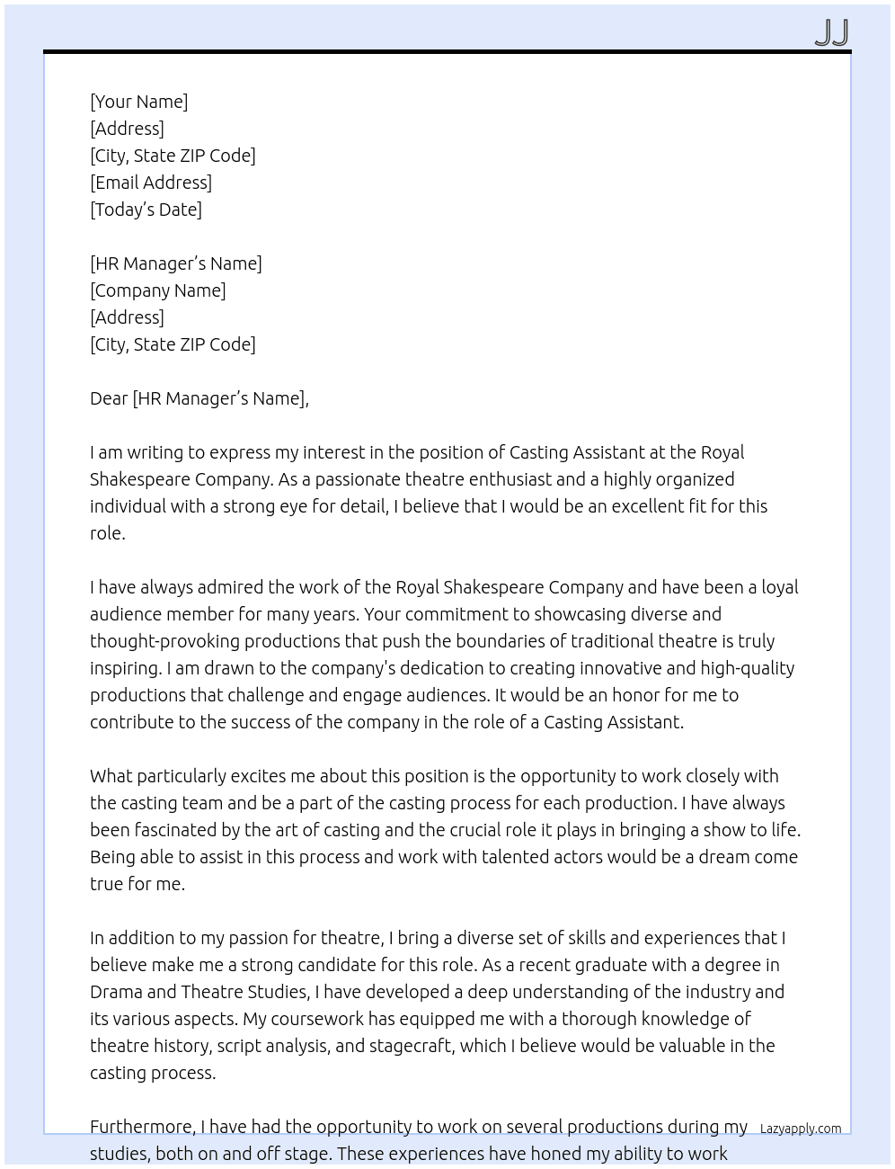 casting assistant At royal shakespeare company Cover Letter