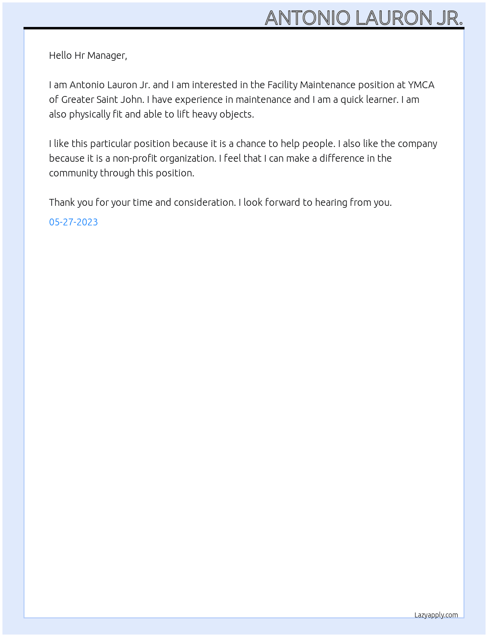 Facility Maintenance At YMCA of Greater Saint John Cover Letter