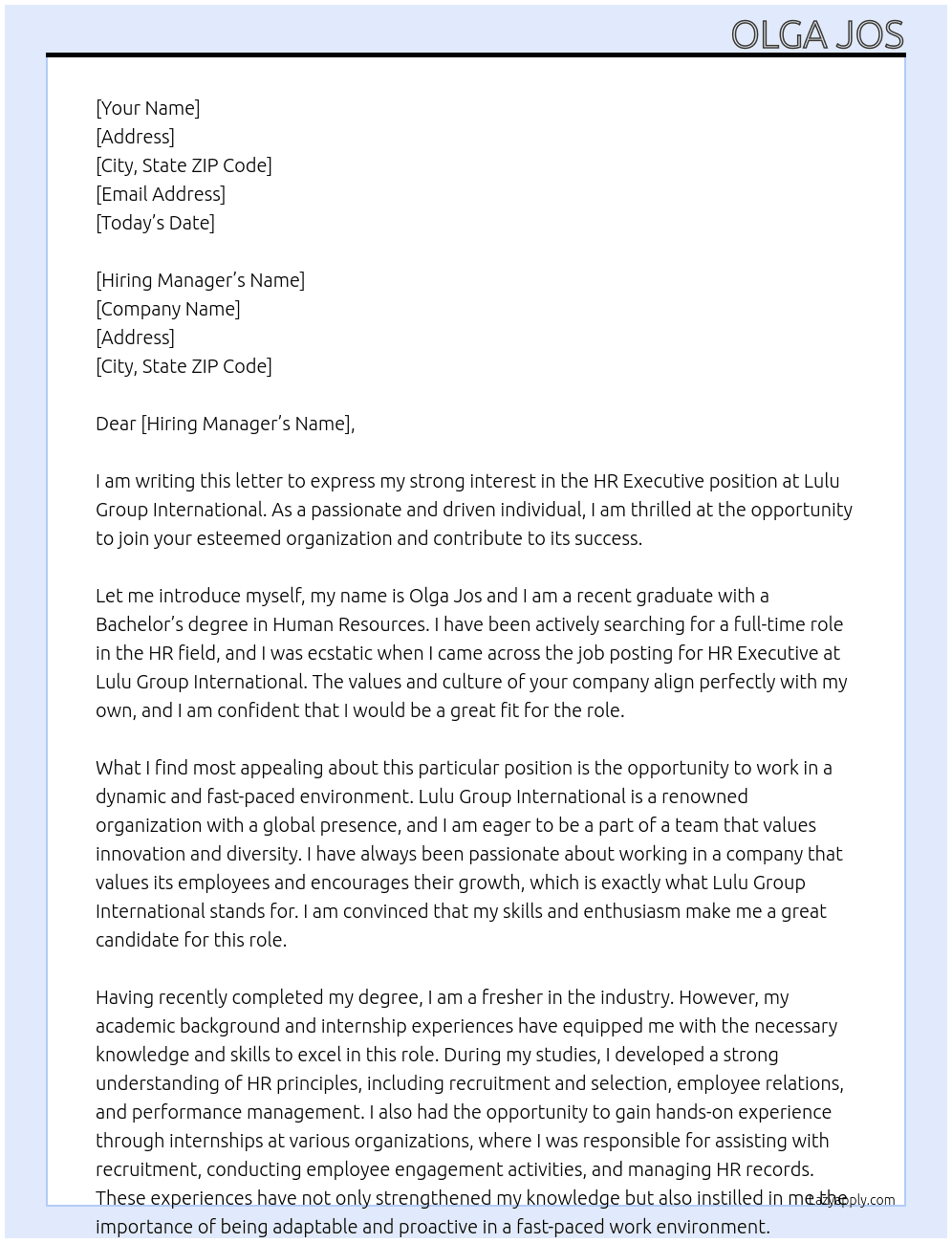 Hr executive  At Lulu group international  Cover Letter