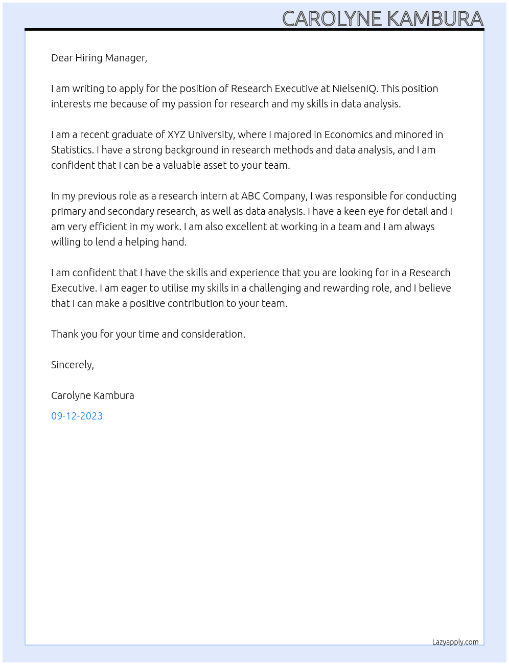 Research Executive At NielsenIQ Cover Letter