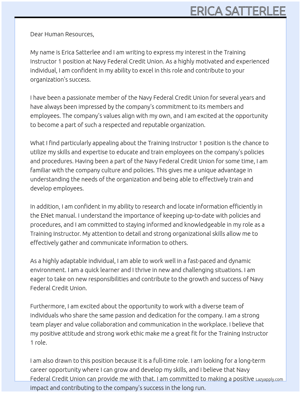 Training Instructor 1 At Navy Federal Credit Union Cover Letter