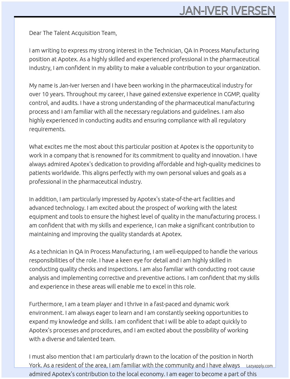 Technician, QA In Process Manufacturing At Apotex Cover Letter