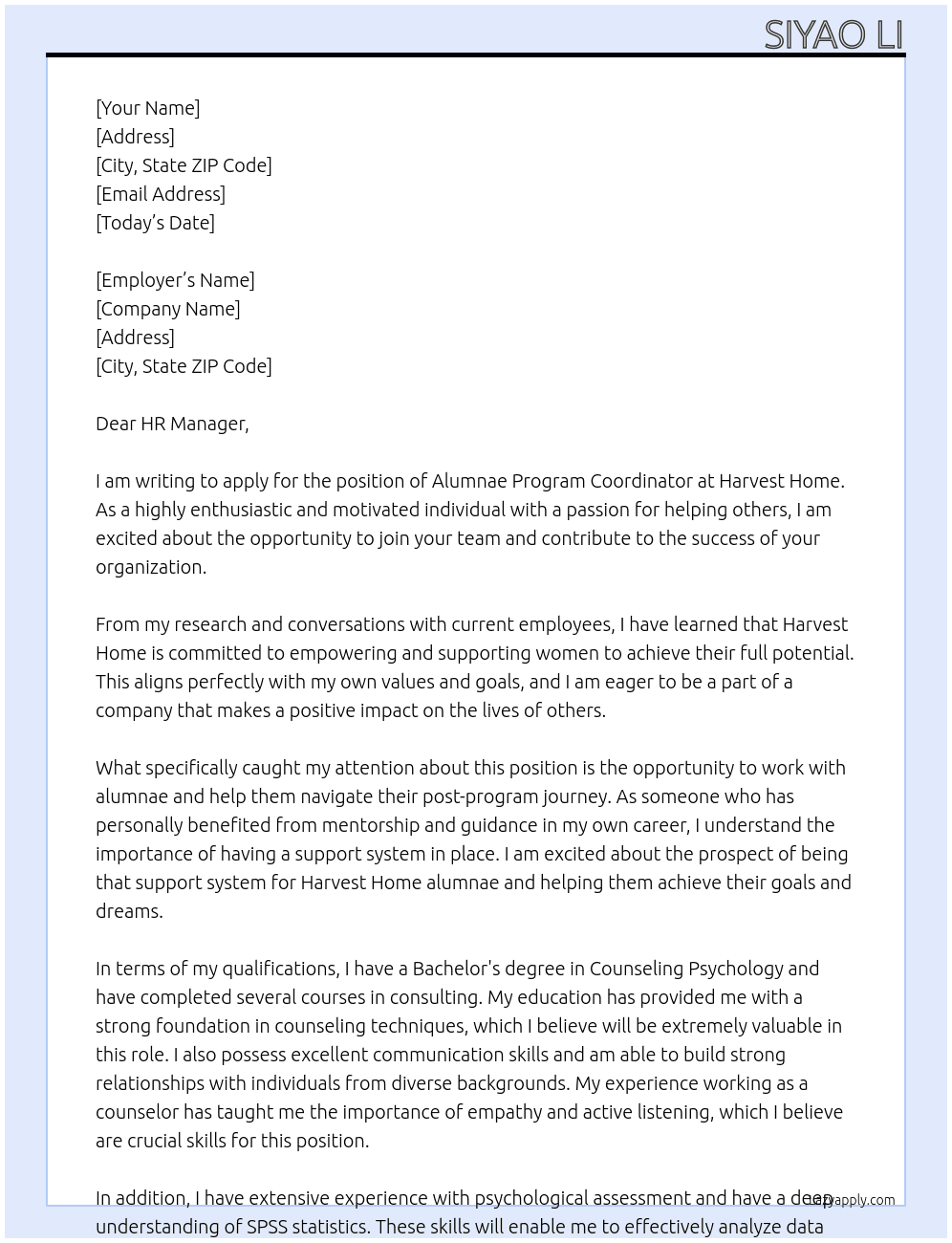 Alumnae Program Coordinator At Harvest Home Cover Letter