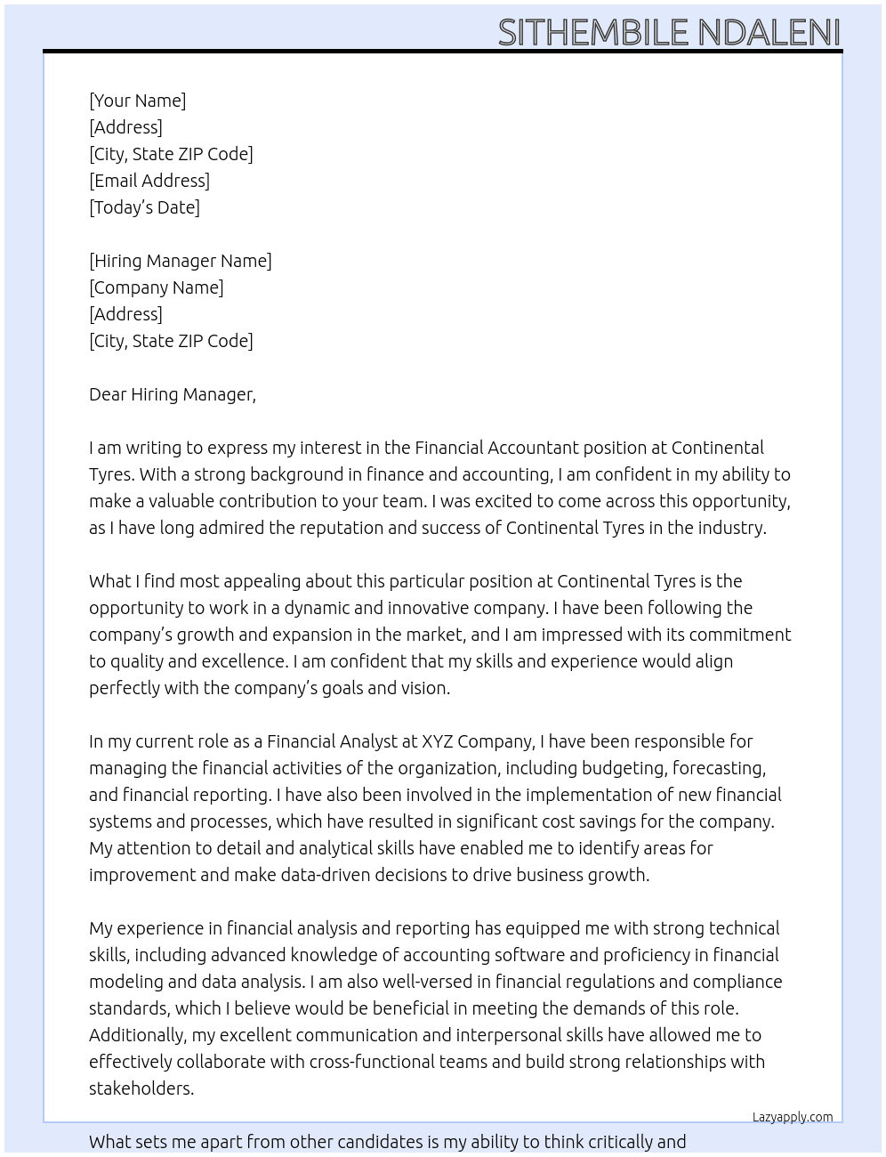 Financial Accountant At Continental Tyres Cover Letter