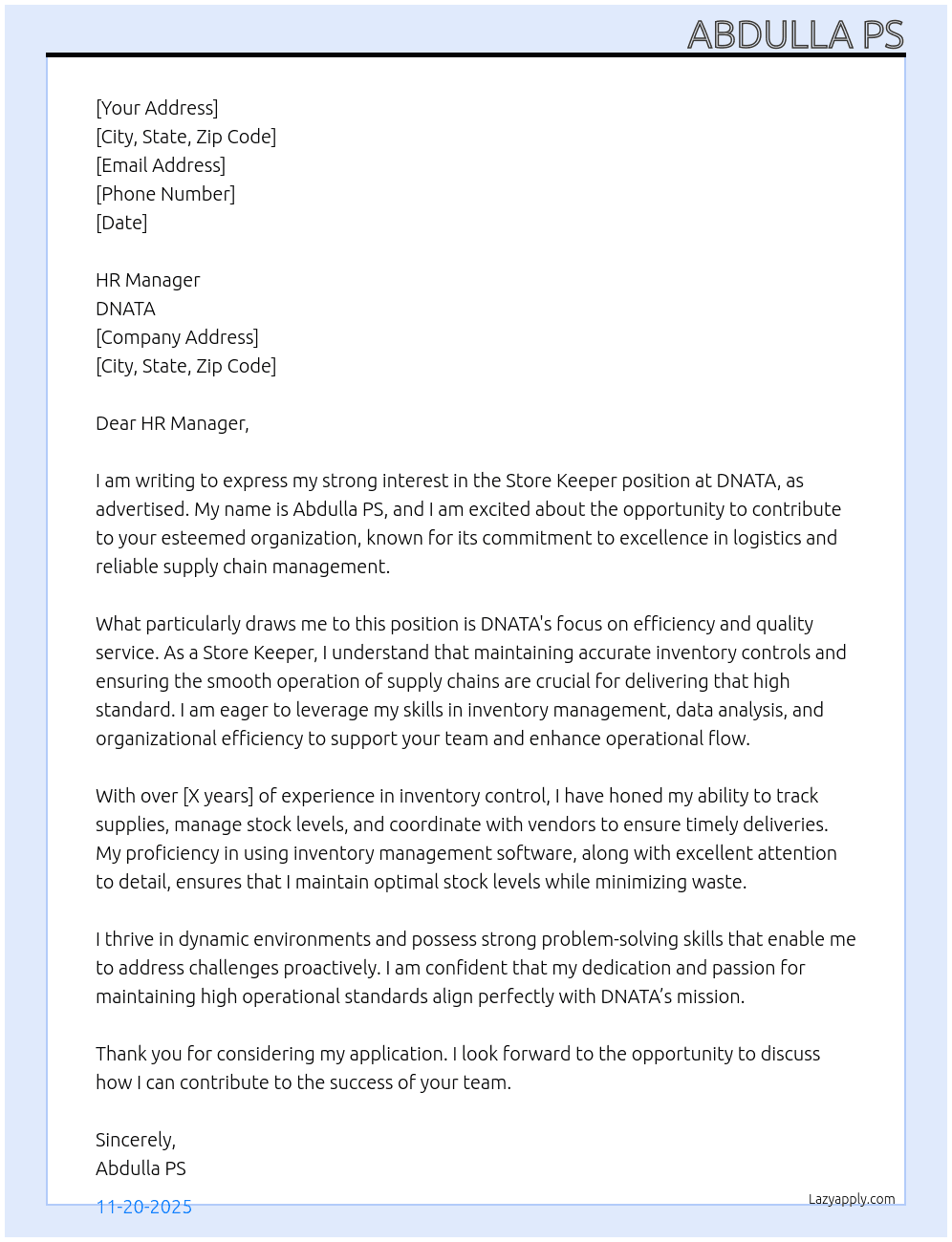STORE KEEPER At DNATA Cover Letter