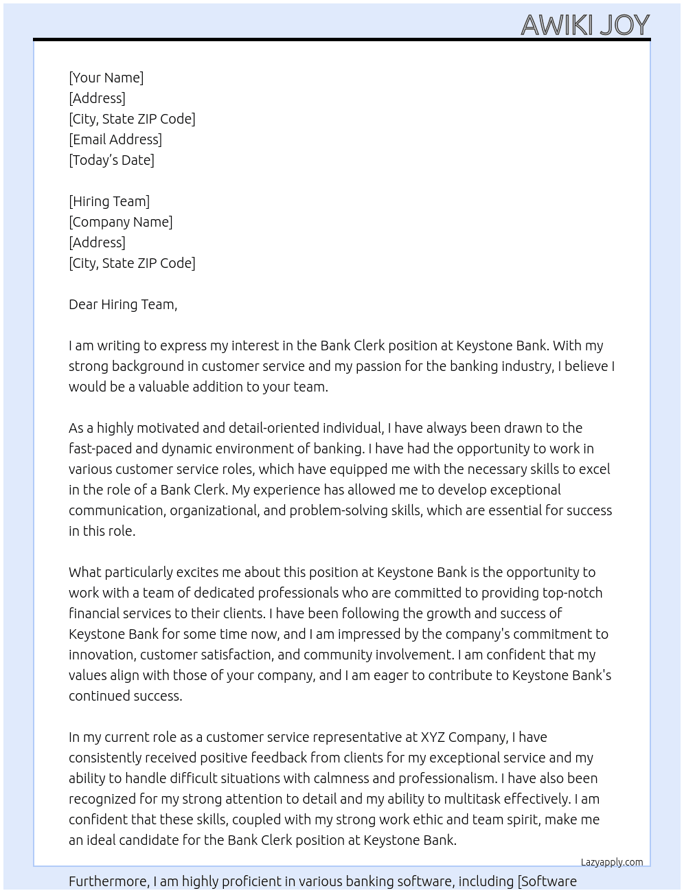 Bank Clerk At Keystone bank Cover Letter