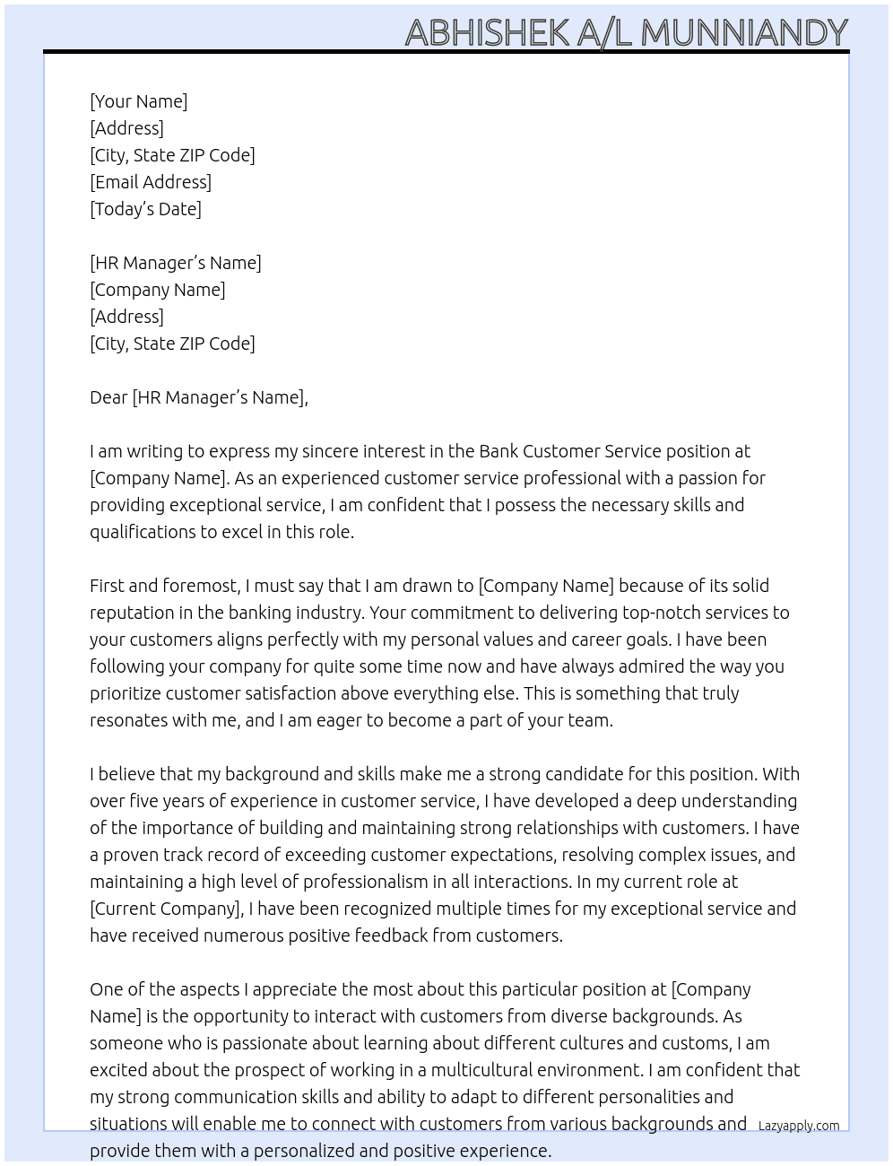 Cover letter for bank customer service - LazyApply