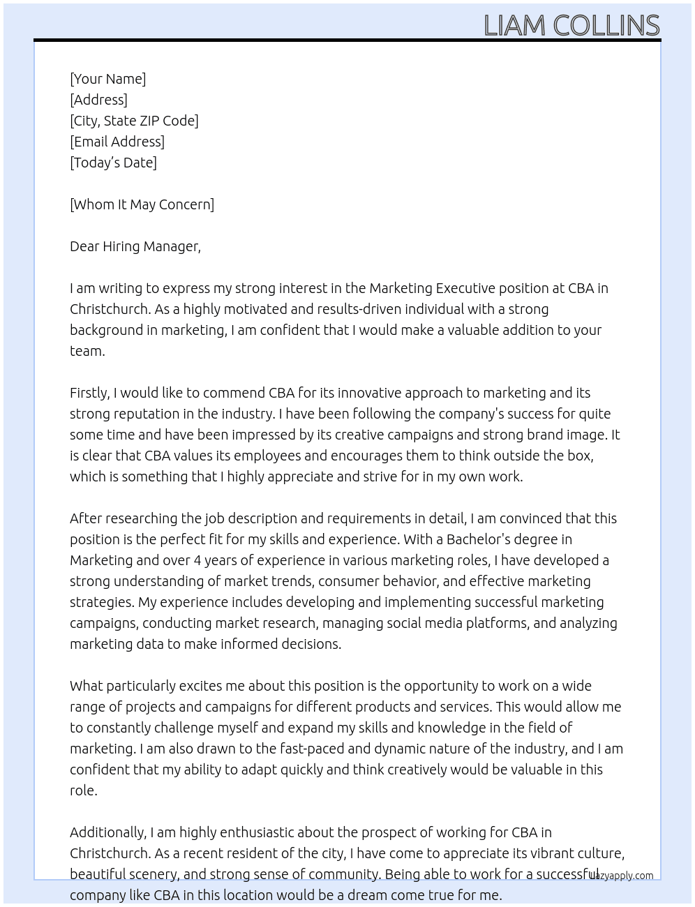 Marketing Executive At CBA Cover Letter