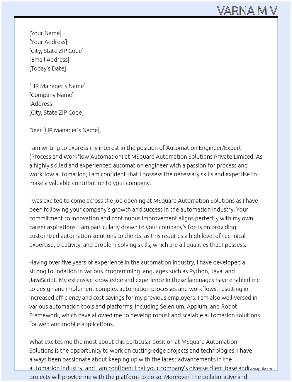 Automation Engineer/ Experts (Process and Workflow Automation) At MSquare Automation solutions Private Limited Cover Letter
