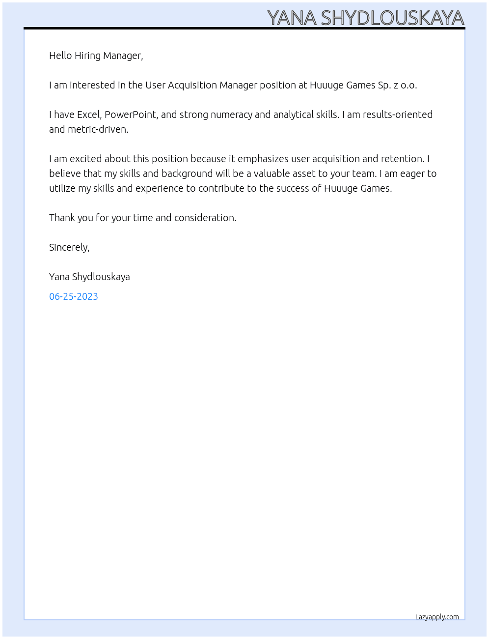 User Acquisition Manager At Huuuge Games Sp. z o.o. Cover Letter