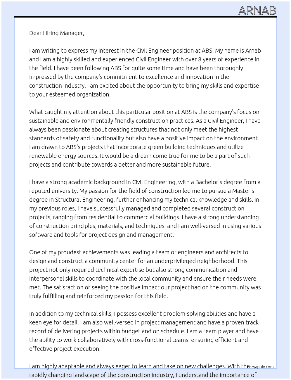 civil engineer At abs Cover Letter
