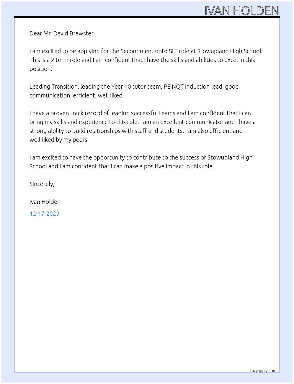 Secondment onto SLT At Stowupland High School Cover Letter
