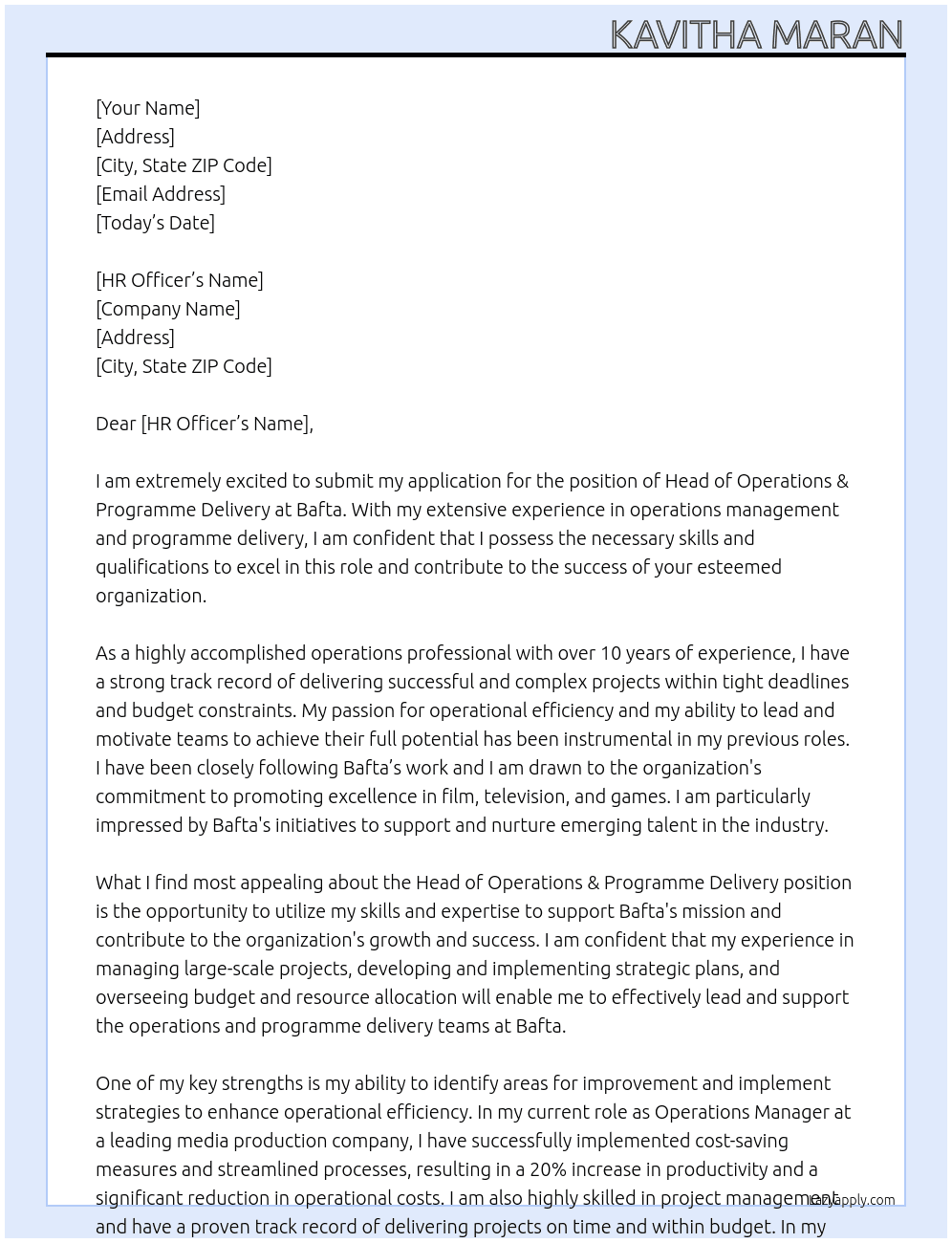 Head of Operations & Programme Delivery At Bafta Cover Letter