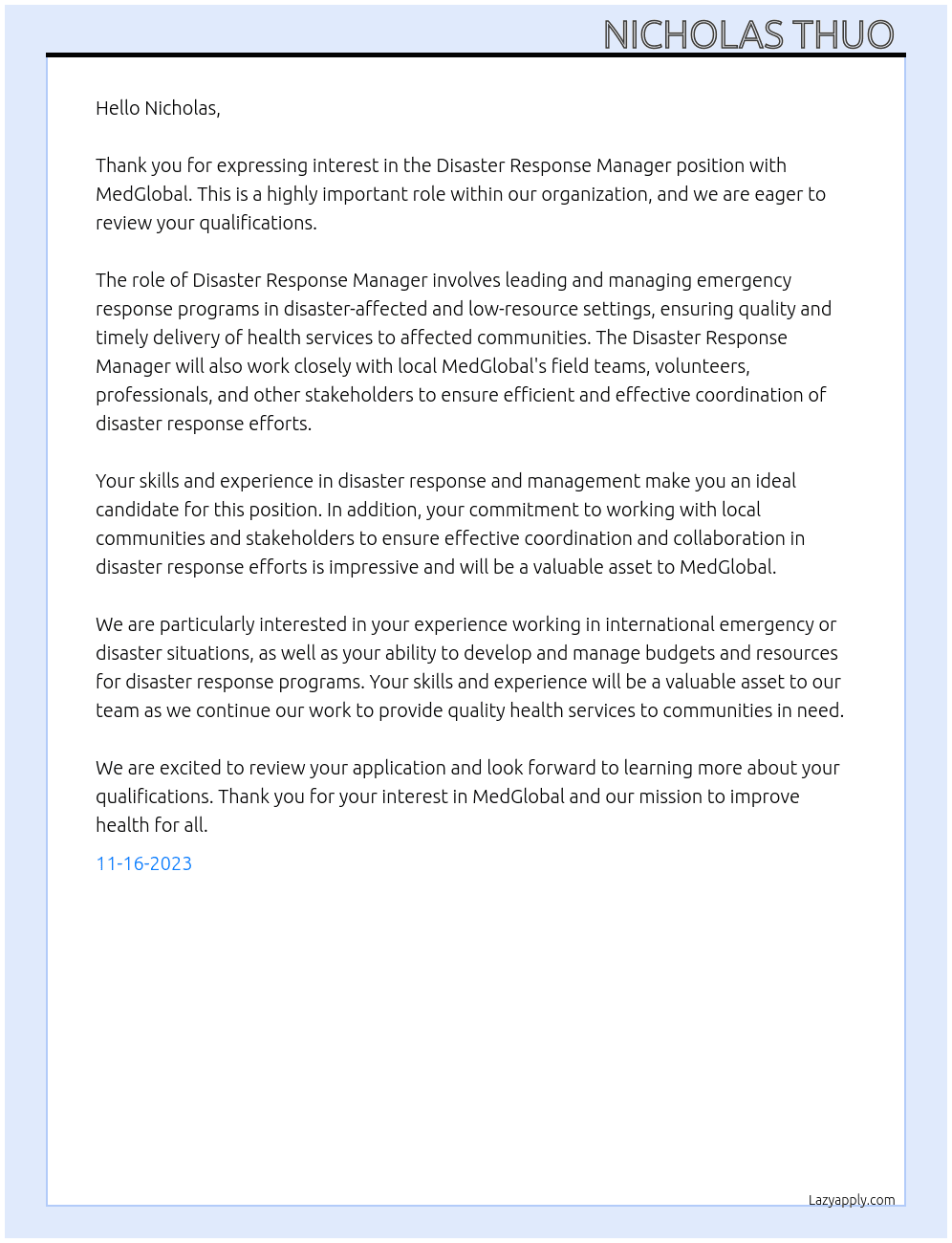Disaster Response Manager At MedGlobal Cover Letter