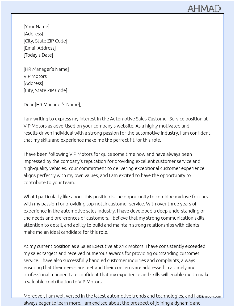 Automotive Sales Customer service At VIP Motors Cover Letter