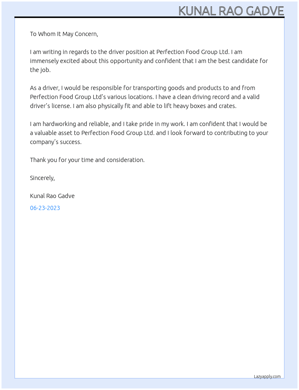 Driver At Perfection food group Ltd Cover Letter