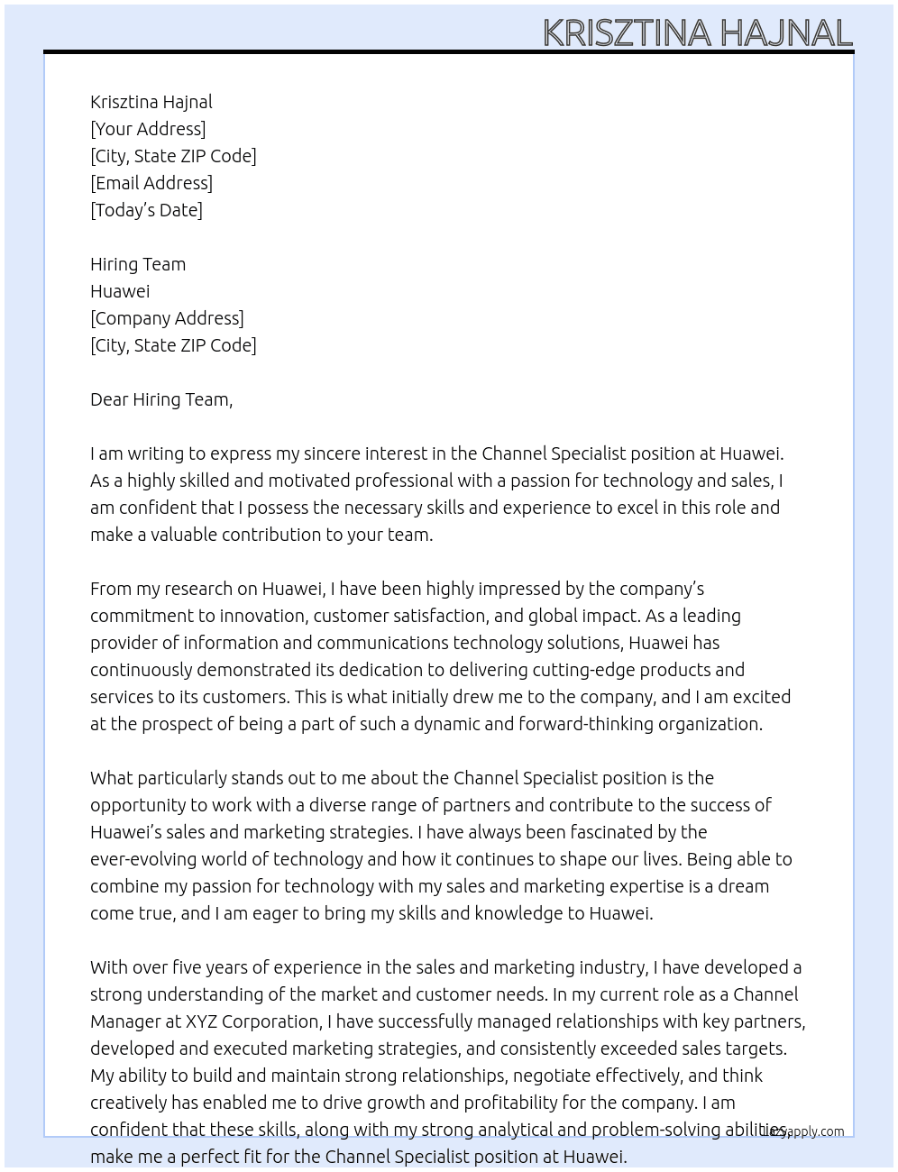 Channel Specialist At Huawei Cover Letter