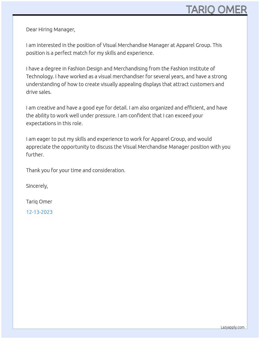 Visual Merchandise Manager At Apparel Group Cover Letter