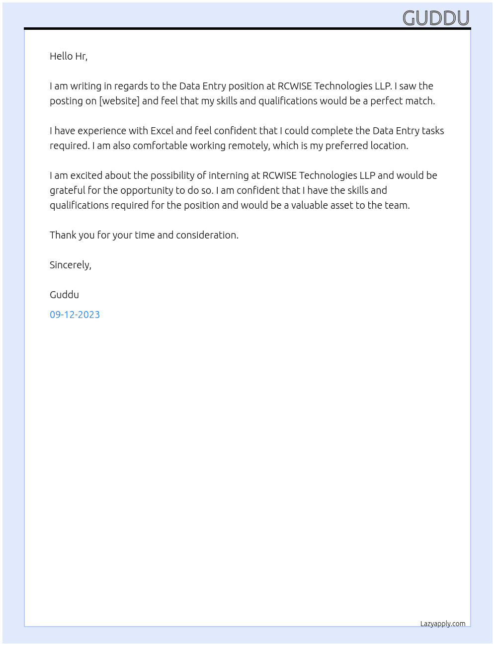 Data entry  At RCWISE Technologies LLP Cover Letter