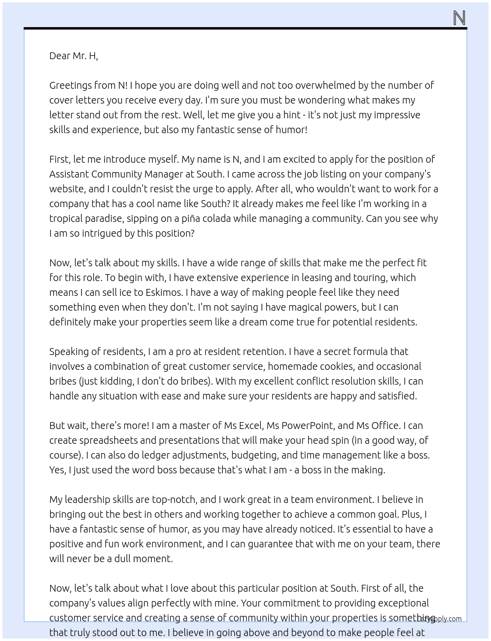 Assistant community manager At South Cover Letter