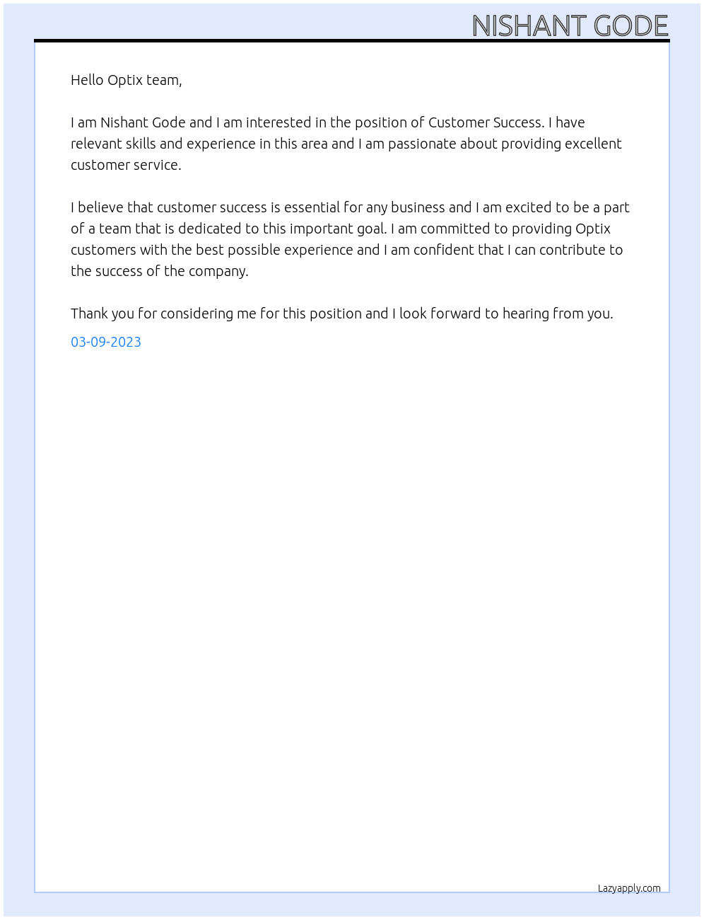 Customer success  At Optix Cover Letter